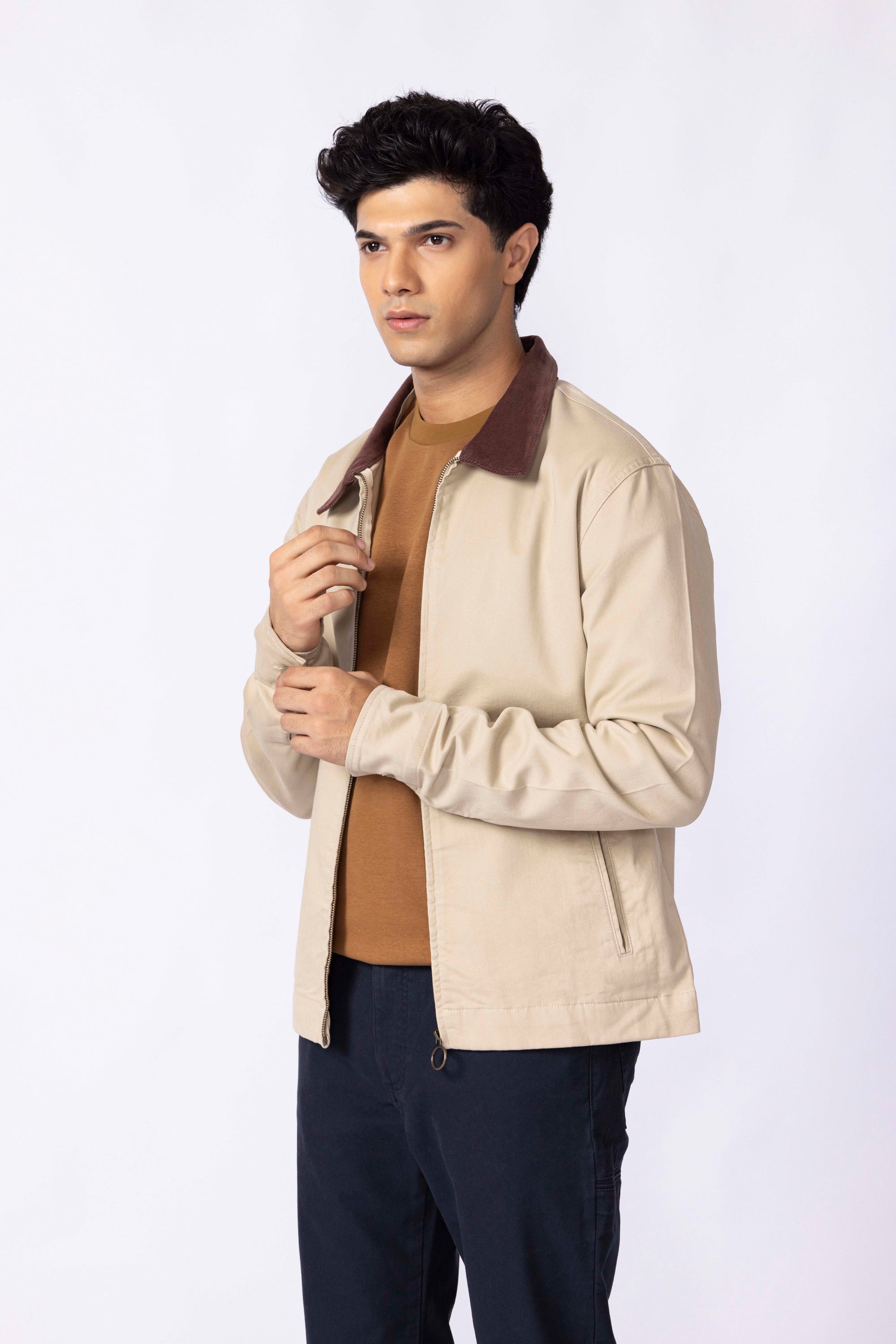Cotton Jacket With Corduroy Collar