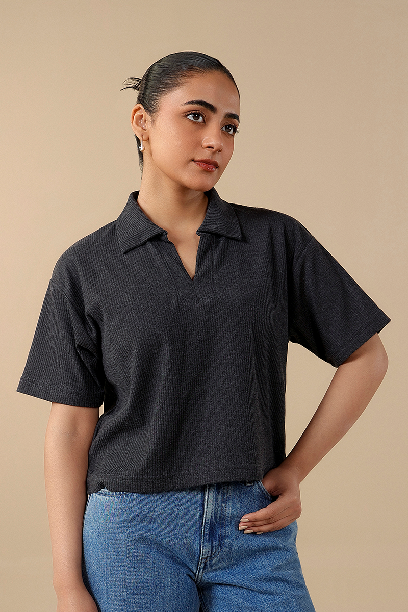Ribbed V-Neck Polo