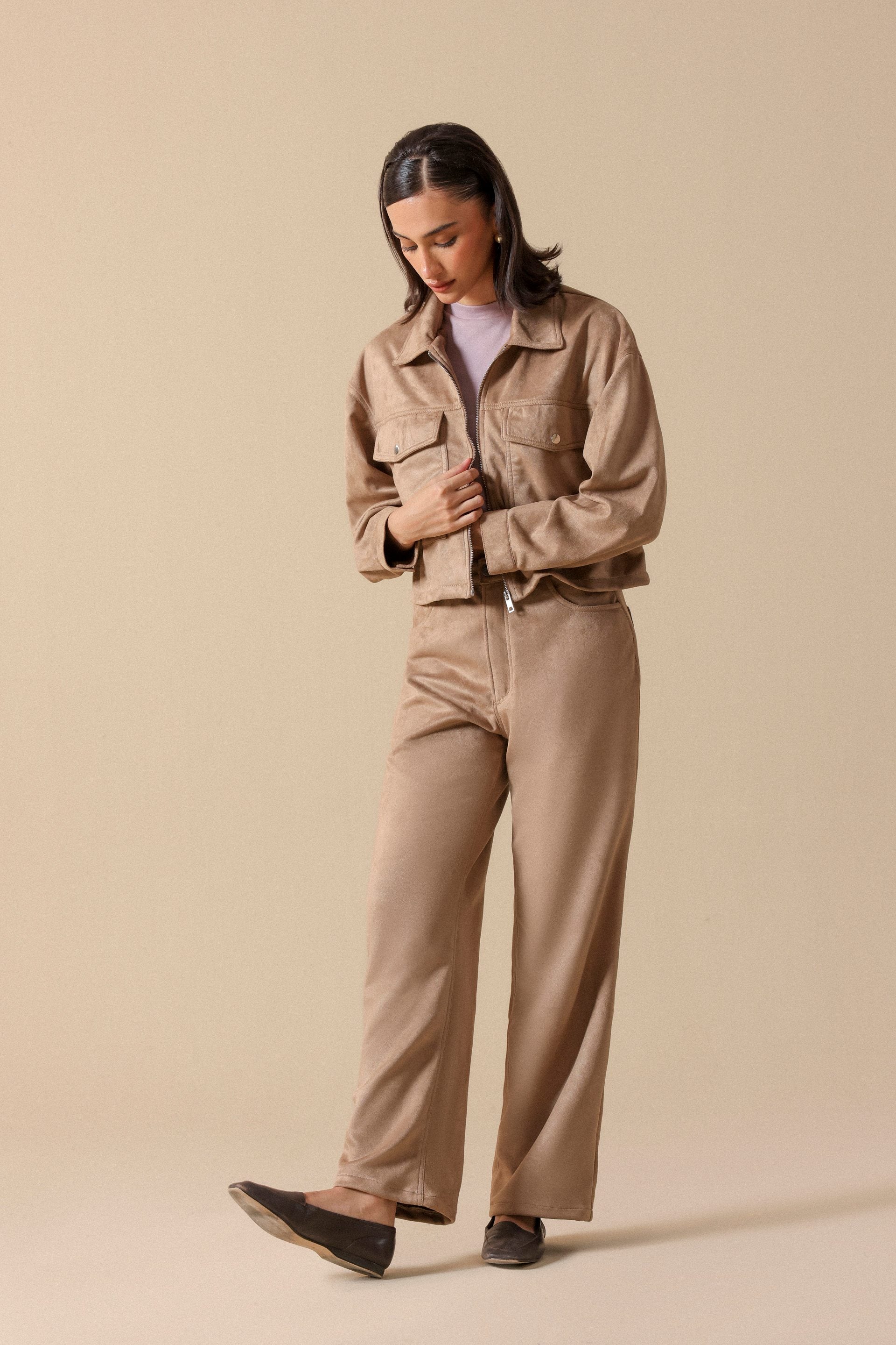 Faux Suede Straight Fit Trousers