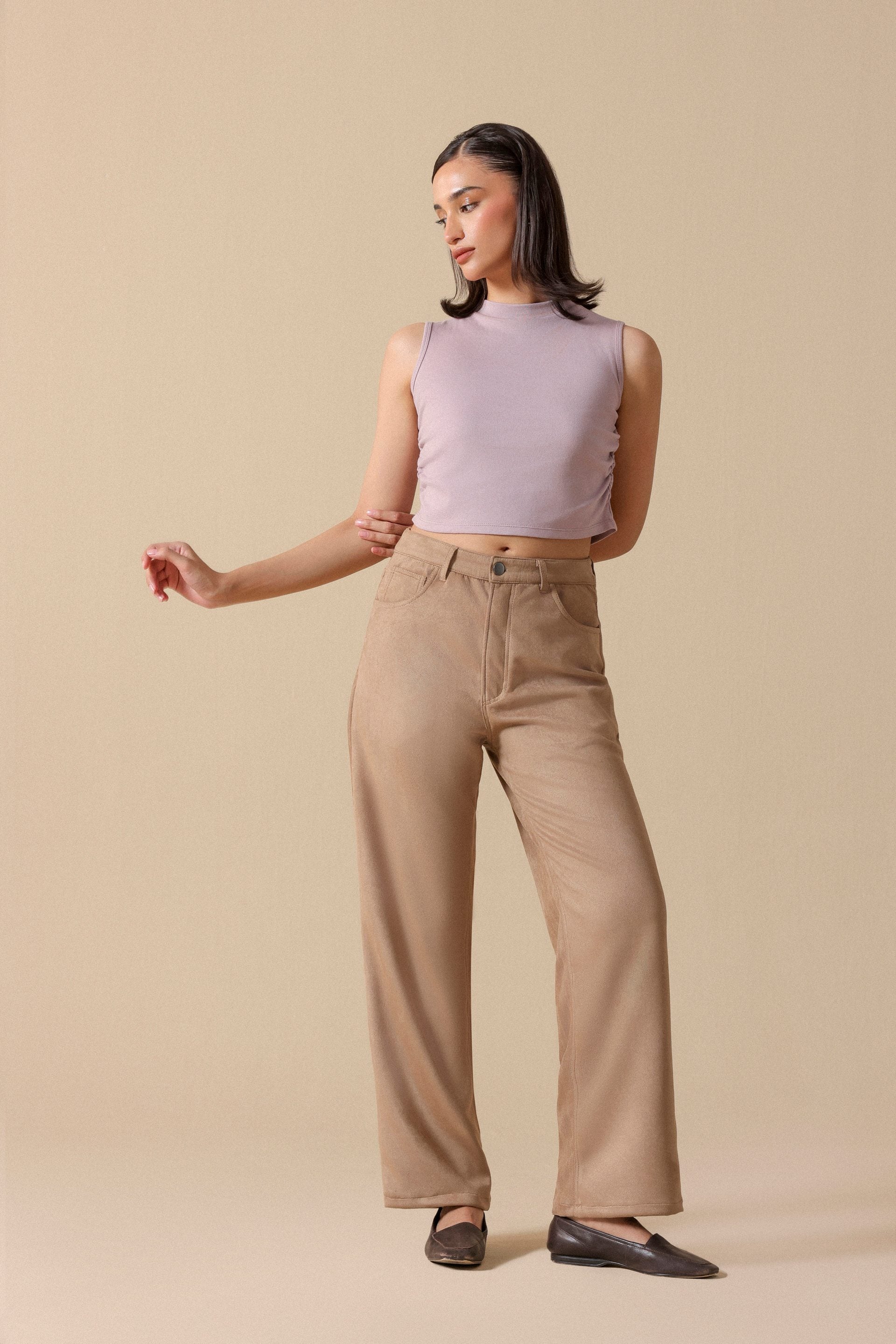 Faux Suede Straight Fit Trousers