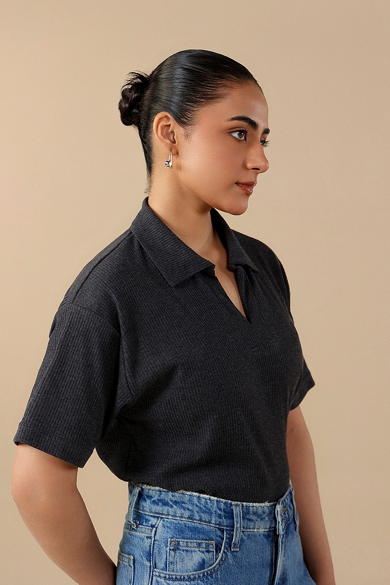 Ribbed V-Neck Polo