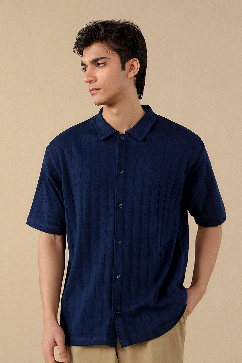 Shop Miles Button-Down Blue Knit Polo Shirt for Men Stylish